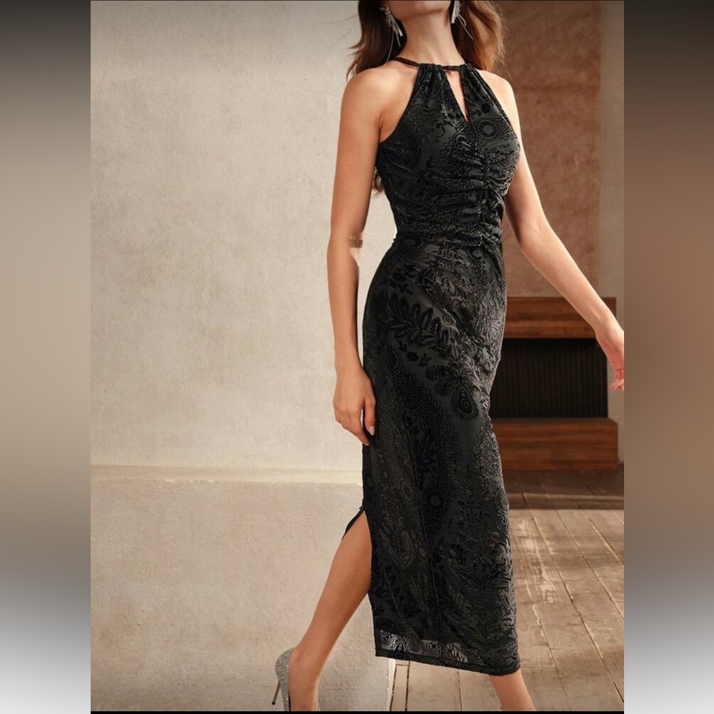 NEW Anewsta Women's Neck-Tie Mesh Velvet Jacquard Goth Party Dress Maxi MED